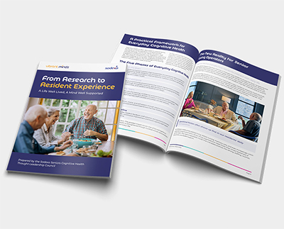 Cover and open pages of a white paper report on cognitive health and resident experience.