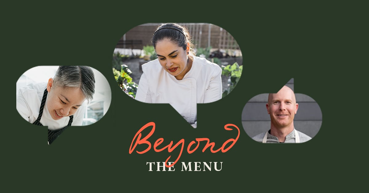 Three chefs in white uniforms shown inside speech bubbles on a dark green background, with the text “Beyond the Menu” prominently displayed in orange and white.