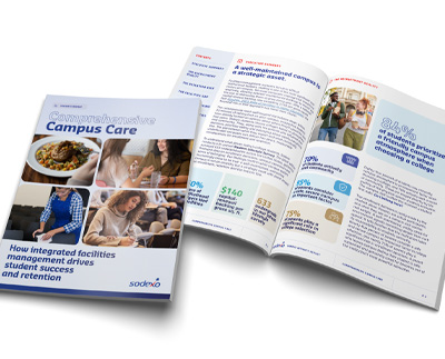 Cover and open pages of a Campus Care report showcasing facility management insights, metrics, and photos.