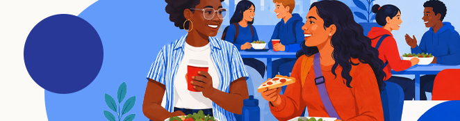 Illustration of students eating and drinking together at cafeteria tables in a campus dining setting.