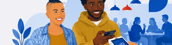 Illustration of customers making a contactless payment at a café counter with a mobile device.