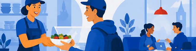 Illustration of a café worker serving a salad bowl to a customer, with diners seated in the background.