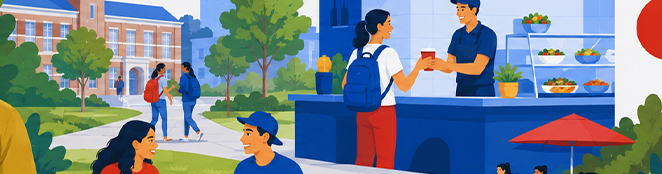 Illustration of students gathering on a campus plaza near a food kiosk serving drinks and salads.