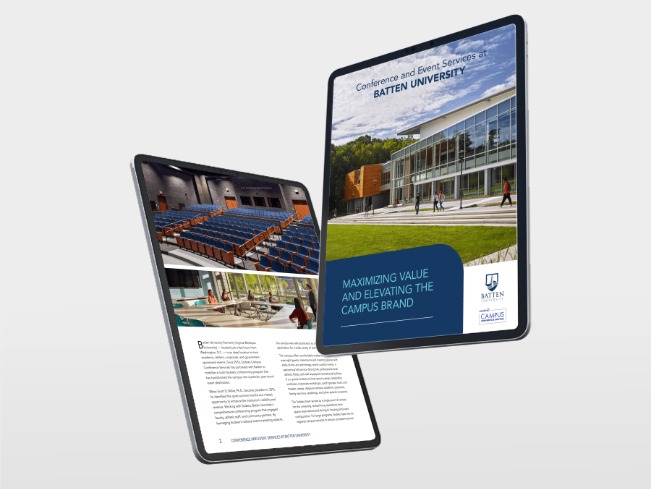 Two tablet screens displaying a case study titled Maximizing Value and Elevating the Campus Brand.