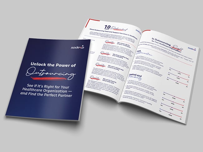 Printed booklet and open spread displayed on a light background, titled Unlock the Power of Outsourcing, with pages showing charts, text, and headings about healthcare food and support services.