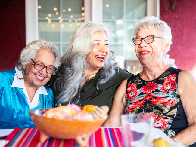 Three adults seated together at a dining table, sharing conversation in a welcoming setting, highlighting social connection, community engagement, companionship, and healthy aging.