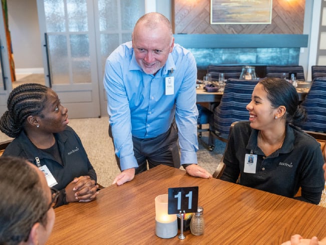 Senior living team members and staff gathered around a dining table in a community setting, highlighting employee engagement, collaboration, hospitality services, and resident-centered dining experiences.