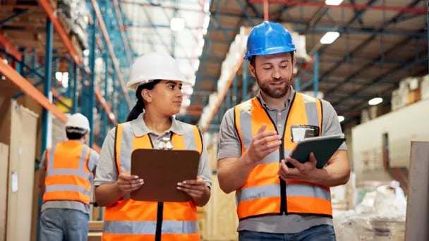 Two warehouse workers wearing hard hats and high-visibility vests stand in an aisle, reviewing information on a tablet while holding a clipboard, surrounded by shelves and stacked inventory.