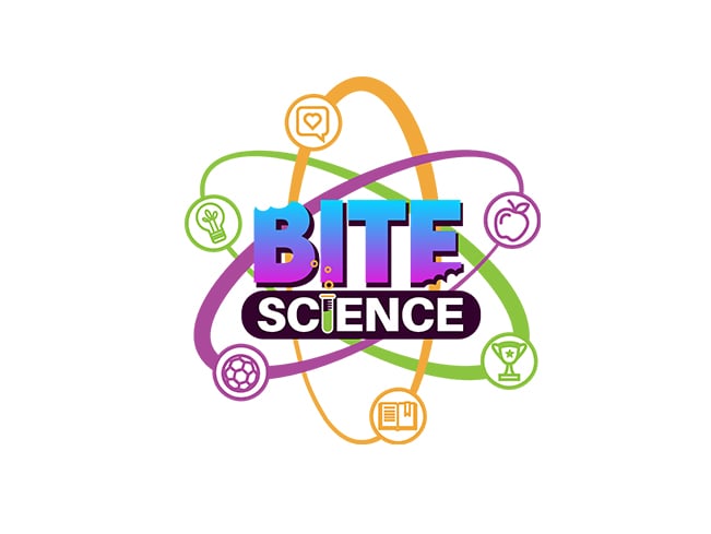 Colorful Bite Science logo featuring atom-inspired orbit graphics surrounding education, nutrition, wellness, achievement, and STEM-themed icons, representing student learning and science-based educational programs.