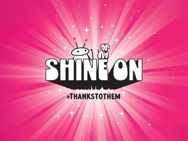 Bright pink background with the text 'Shine On' and '#thankstothem,' graphic for Sodexo’s National Employee Appreciation Day celebration.