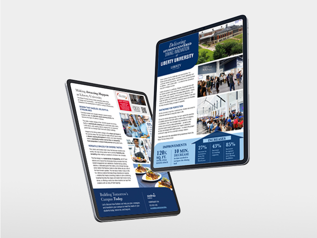 Two tablet screens displaying a case study titled Delivering Campus Student-Centered Dining Innovation at Liberty University