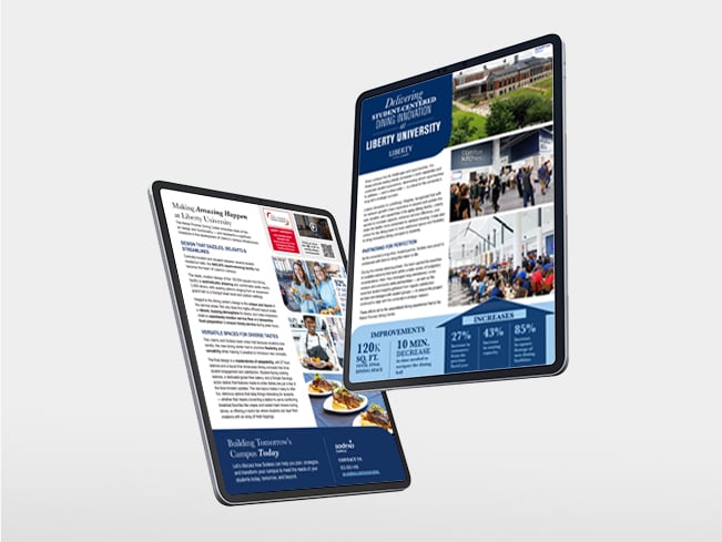 Two tablet screens displaying a case study titled Delivering Campus Student-Centered Dining Innovation at Liberty University