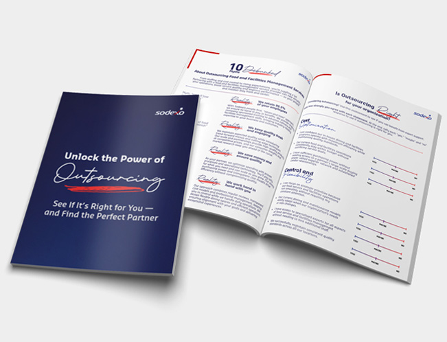 Sodexo booklet on outsourcing with cover and open pages showing charts and text about services and partnerships.