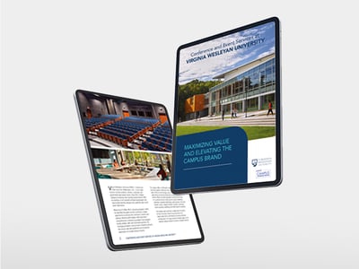 Two tablet screens displaying a case study titled Maximizing Value and Elevating the Campus Brand
