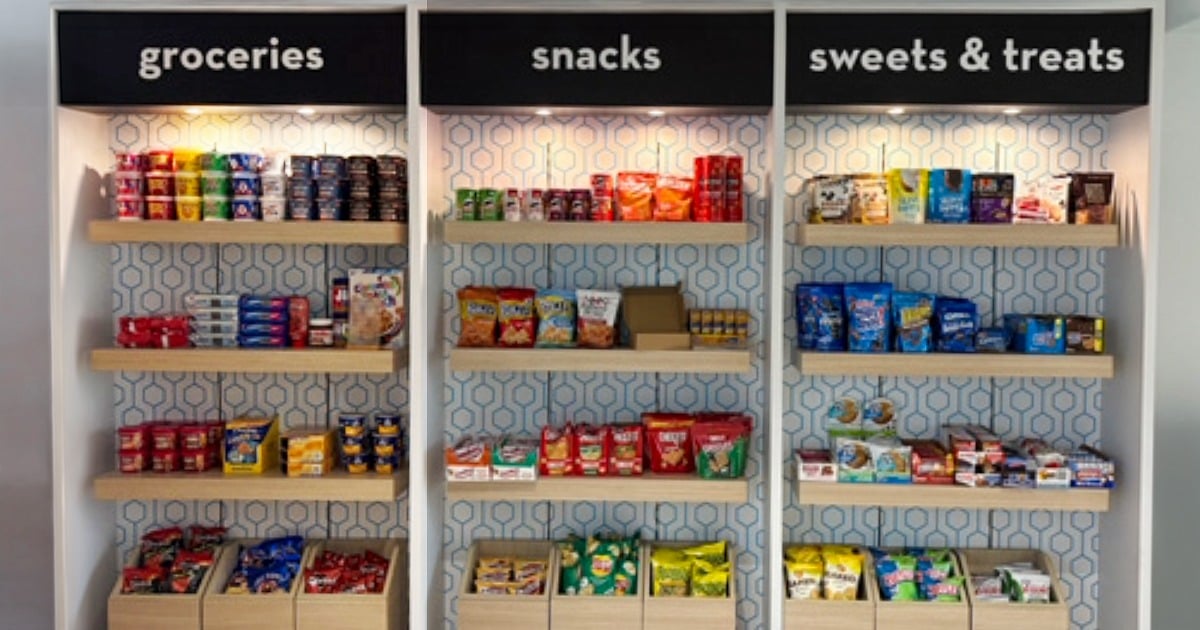 Inside the FoodHive Market at Central Connecticut State University, shelves are neatly stocked with groceries, snacks and sweet treats. 