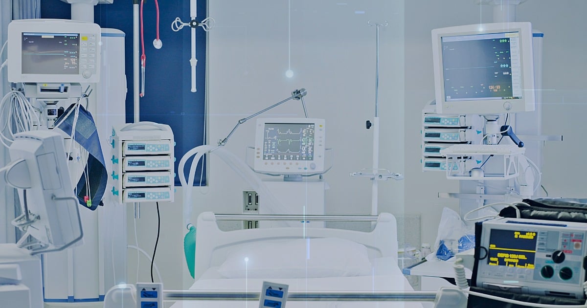 ICU hospital room with connected medical devices and network security overlay, illustrating healthcare cybersecurity risks. 
