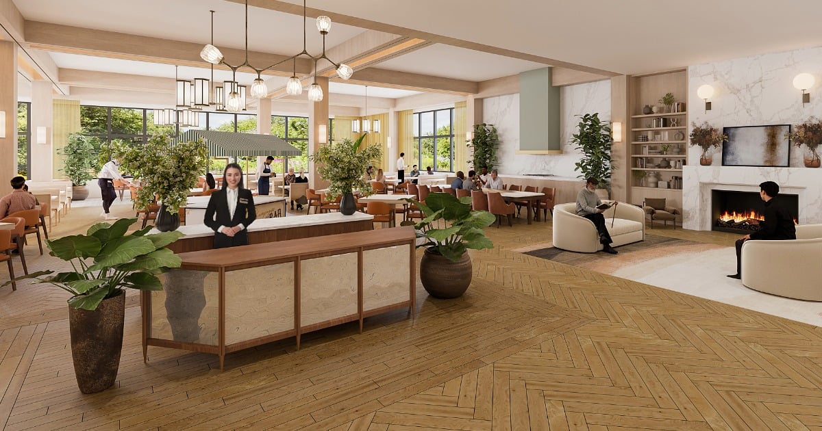 Rendering of a Joyous-inspired restaurant interior with a bright, warm atmosphere, featuring a mix of seating styles and table arrangements. 