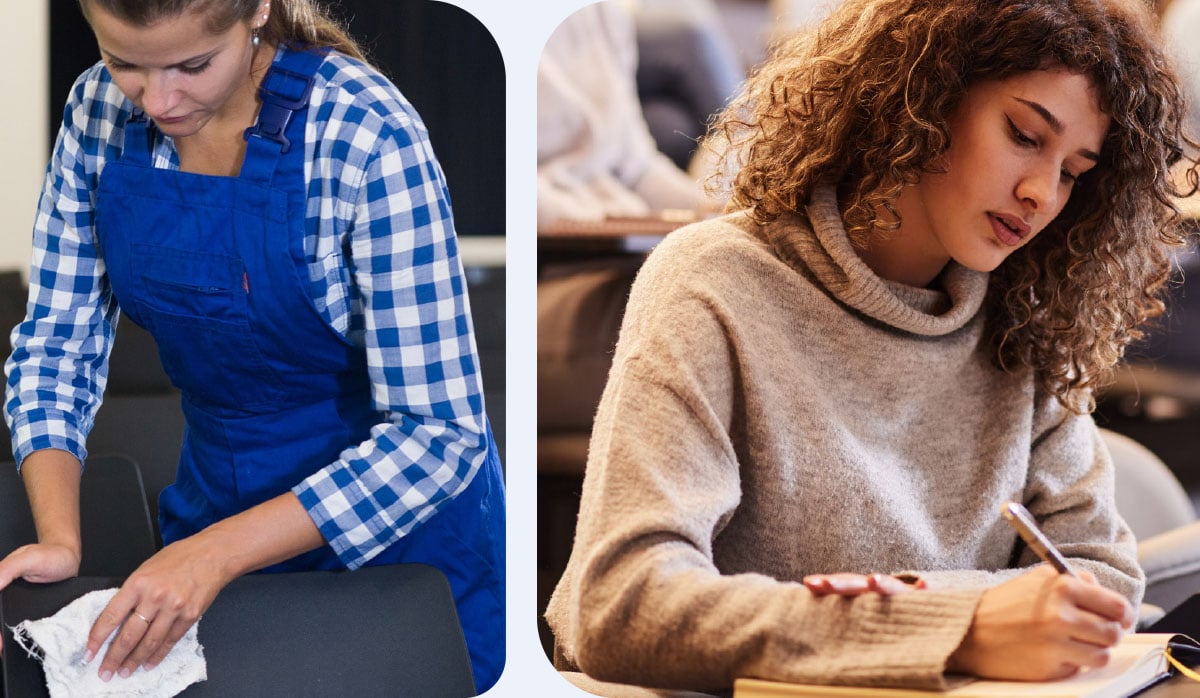 Side by side images showing a person cleaning a chair with a cloth and another person writing in a notebook at a desk, illustrating practical work and education or training activities.