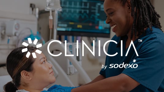 Clinicia by Sodexo logo over a care scene with a healthcare worker assisting a patient in a hospital room.