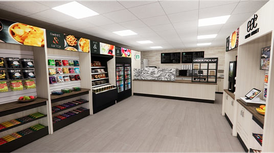 Modern self-service snack shop with shelves, coolers, and checkout counter in a bright, open space.