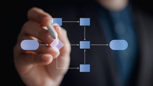 Hand drawing a process flowchart with connected shapes and arrows on a transparent surface.