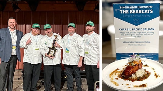 Binghamton University chefs posing with their winning trophy, alongside their winning dish, Char Siu Pacific Salmon. 