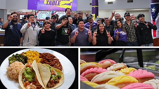 Scenes from Grand Canyon University’s Hispanic Heritage pop-ups, with cultural dishes and friends celebrating. 