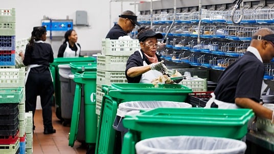 Liberty University Dining Services team members sorting food waste to support the university’s composting program.