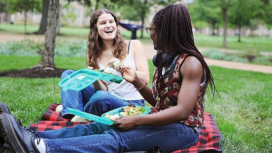 Two friends sit on a checkered blanket in a park, sharing a meal from reusable containers and smiling as they chat. 