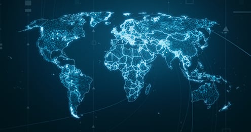 Digital world map with interconnected glowing data points and network lines, representing global connectivity, technology infrastructure, data analytics, and worldwide operations management.
