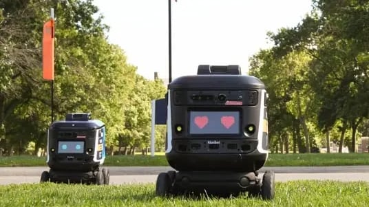Two autonomous delivery robots on a grassy path in a park, displaying animated digital faces.