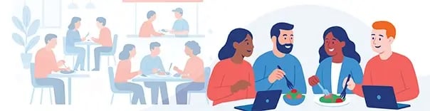 Group of people sit at tables in a cafe or restaurant; on the right, three individuals eat salad and use laptops, while others on the left converse or work at separate tables.