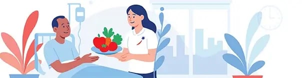 Person lies in a hospital bed with an IV drip while someone in medical attire hands them a plate of vegetables; large windows reveal a cityscape and plants in the background.