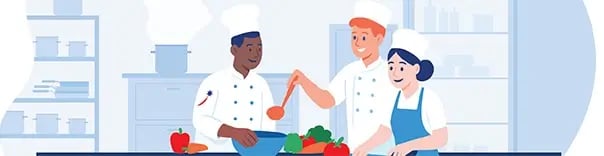 Three chefs in uniform work together in a kitchen; one holds a ladle, another mixes ingredients, and the third prepares vegetables. Shelves and a steaming stove are in the background.