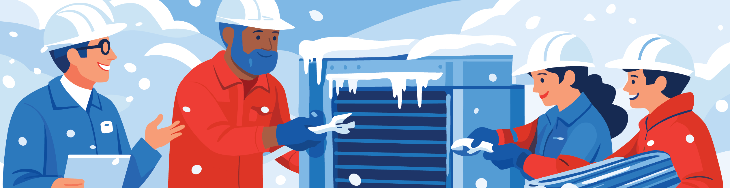 artistic illustration of FM workers fixing hardware in a snow storm