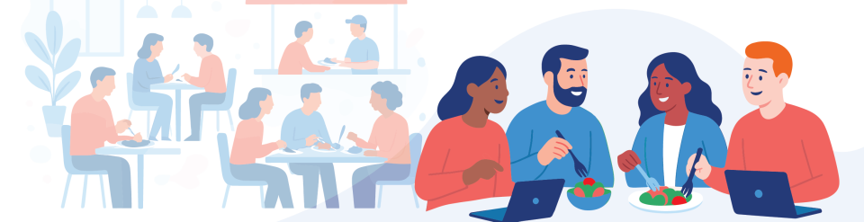 Group of people sit at tables in a cafe or restaurant; on the right, three individuals eat salad and use laptops, while others on the left converse or work at separate tables.