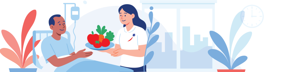 Person lies in a hospital bed with an IV drip while someone in medical attire hands them a plate of vegetables; large windows reveal a cityscape and plants in the background.