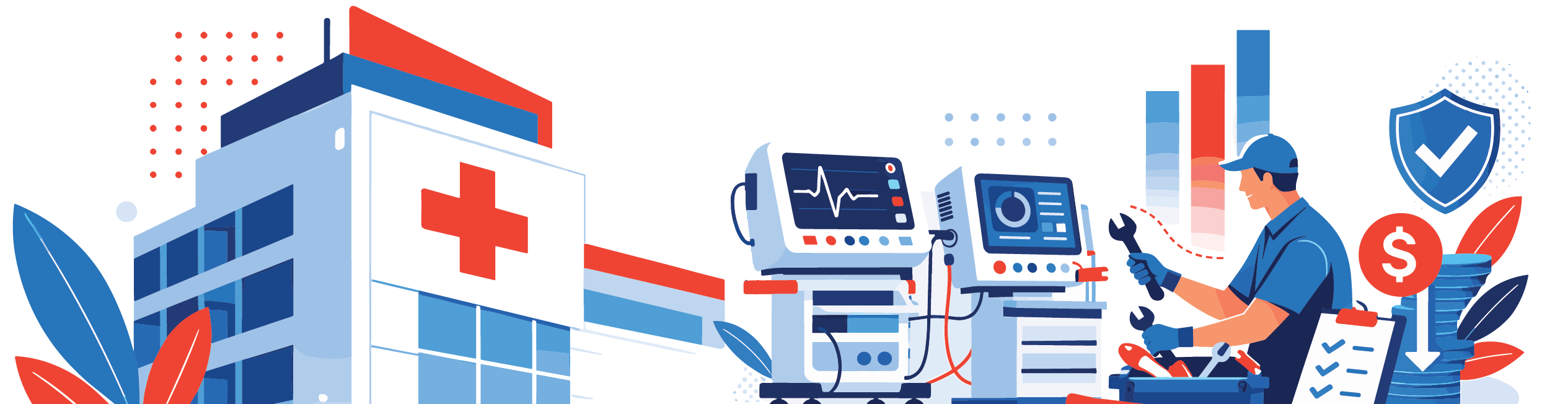 artistic illustration depicting an FM worker fixing medical equipment