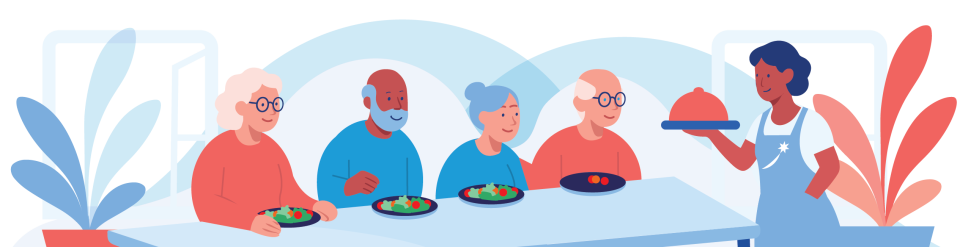 Illustration of four people seated at a table with plates of food, while a server stands nearby holding a covered dish; abstract shapes and plants decorate the background.