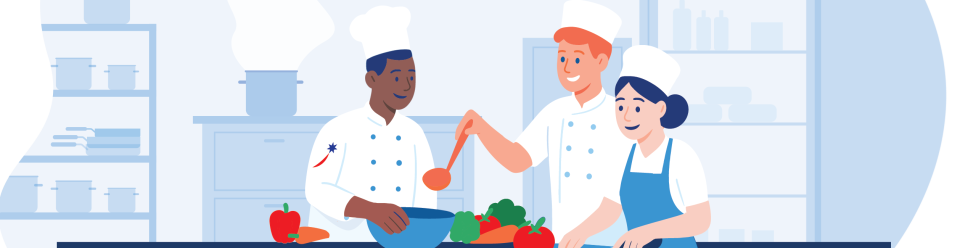 Three chefs in uniform work together in a kitchen; one holds a ladle, another mixes ingredients, and the third prepares vegetables. Shelves and a steaming stove are in the background.