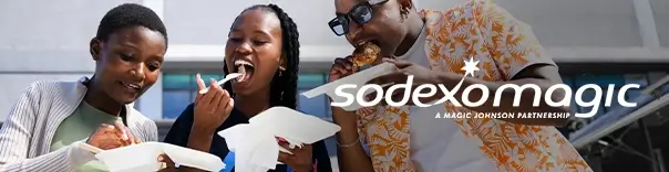 Three people hold and eat food from white containers.