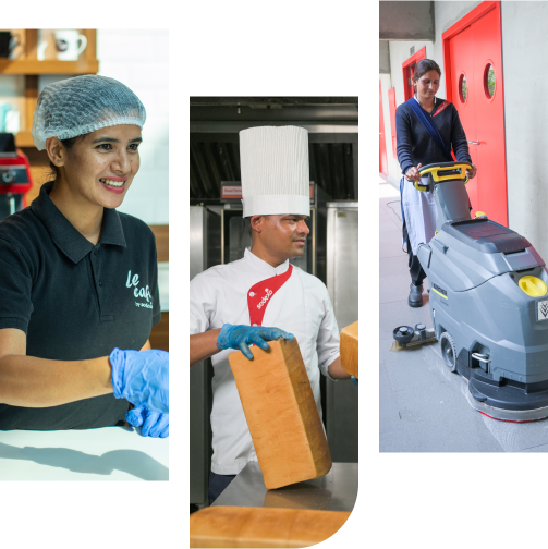 Sodexo professionals at a cafe, kitchen, and facility.