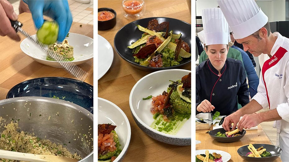 Limettenschale wird beim Kochen in Kochtopf gerieben.  Mehrere Teller mit schoen angerichteten Speisen aus Gemüse mit Dips. Koch und Koechin richten konzentriert Teller mit Speisen geschmackvoll an.