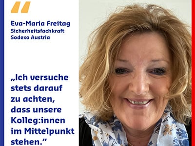 Frau Eva-Maria Freitag mit laechelndem Selfie und Zitat zu Schwerpunkt bei Arbeitssicherheit