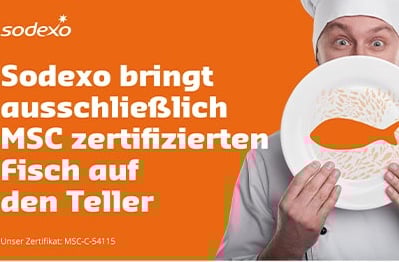 Koch versteckt sich hinter Teller mit Fisch