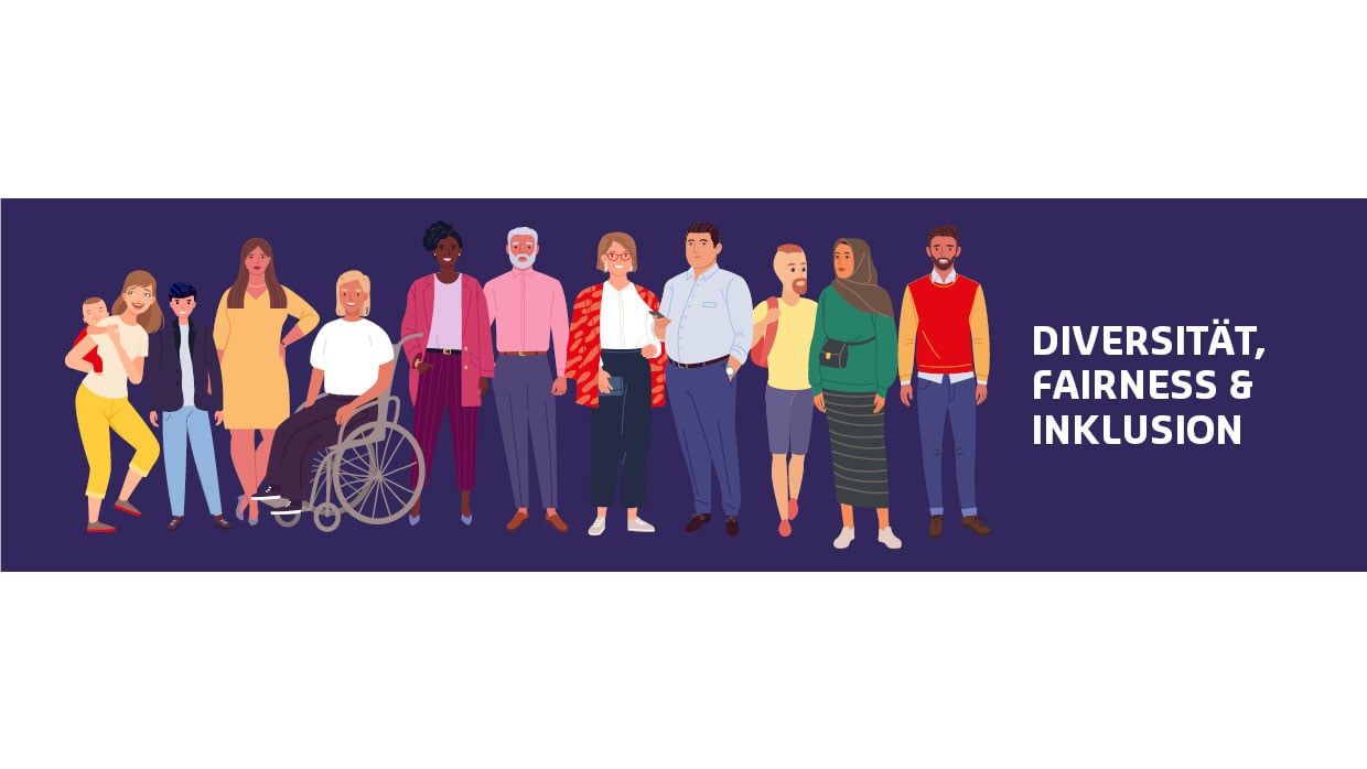 Zeichnung diverser Menschen zu Inklusion, Fairness