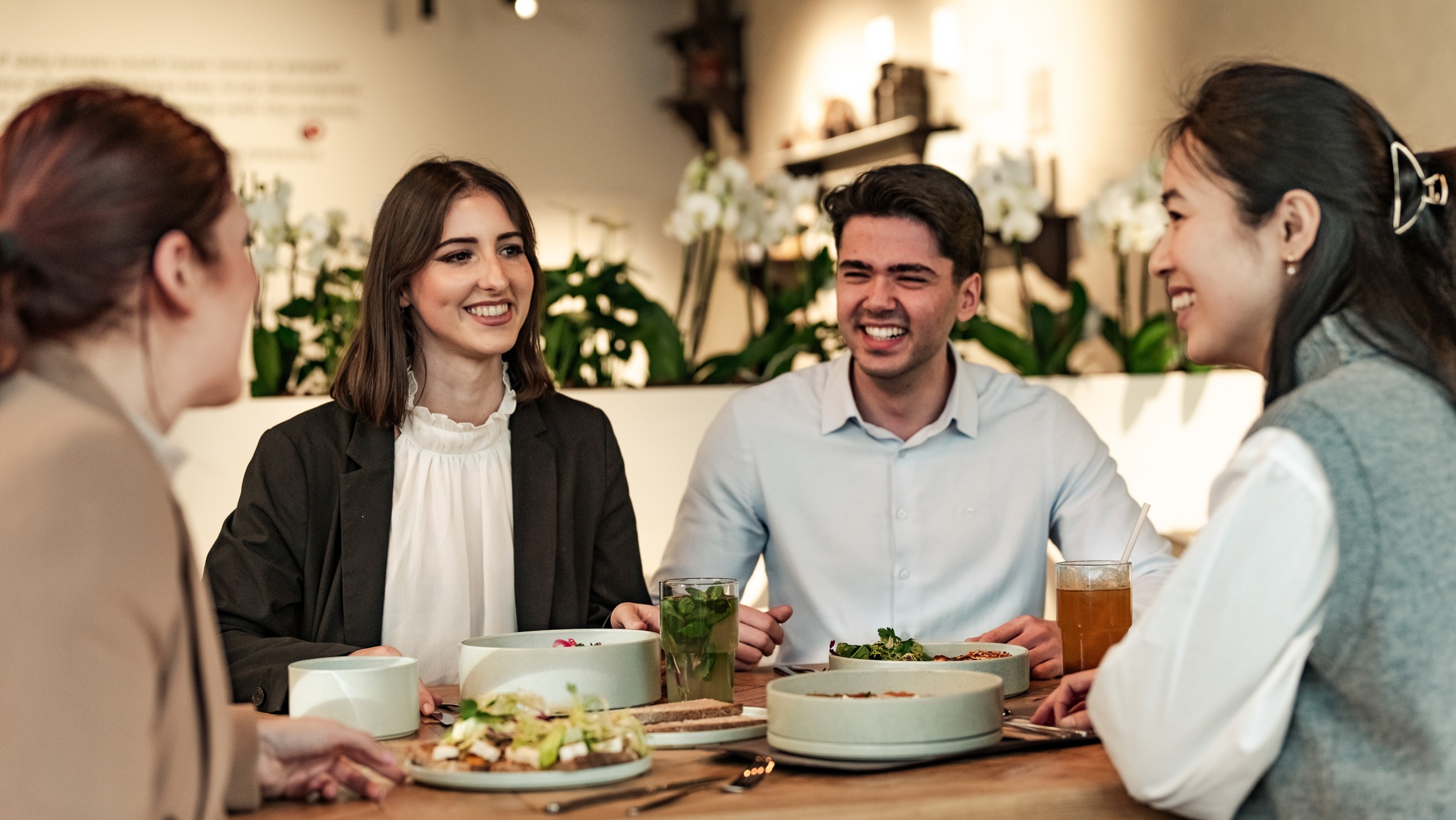 employees eating in restaurant