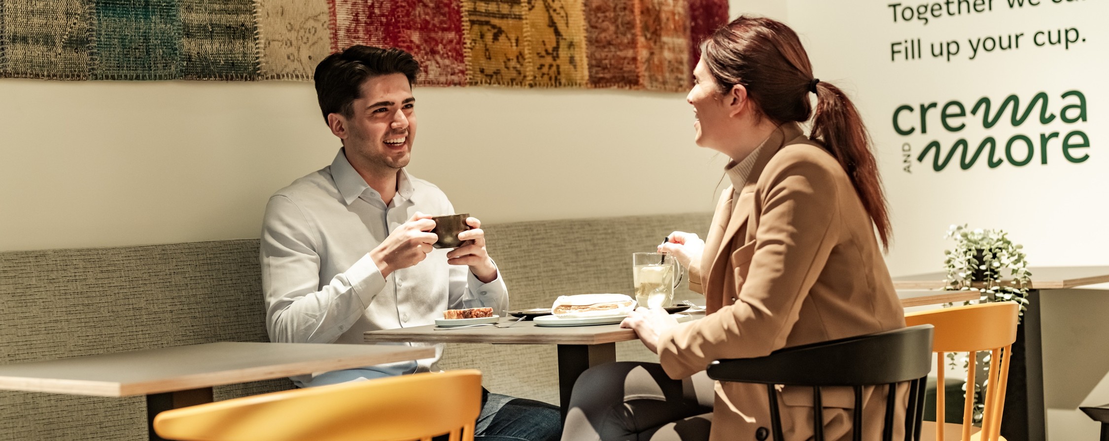 people eating and speaking