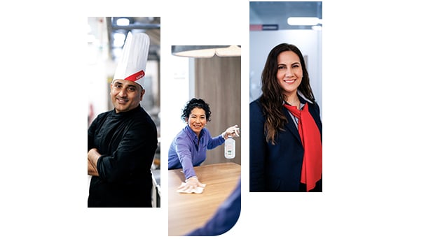 Sodexo Mitarbeitende in verschiedenen Situationen leben die Kennwerte von Sodexo