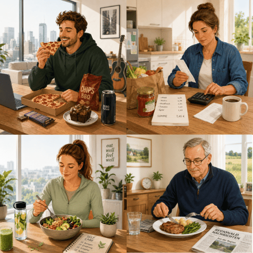 Vier Personen mit unterschiedlichen Ernährungsgewohnheiten, beim Essen und Prüfen von Lebensmitteleinkäufen, als Beispiel für verschiedene Essverhalten.